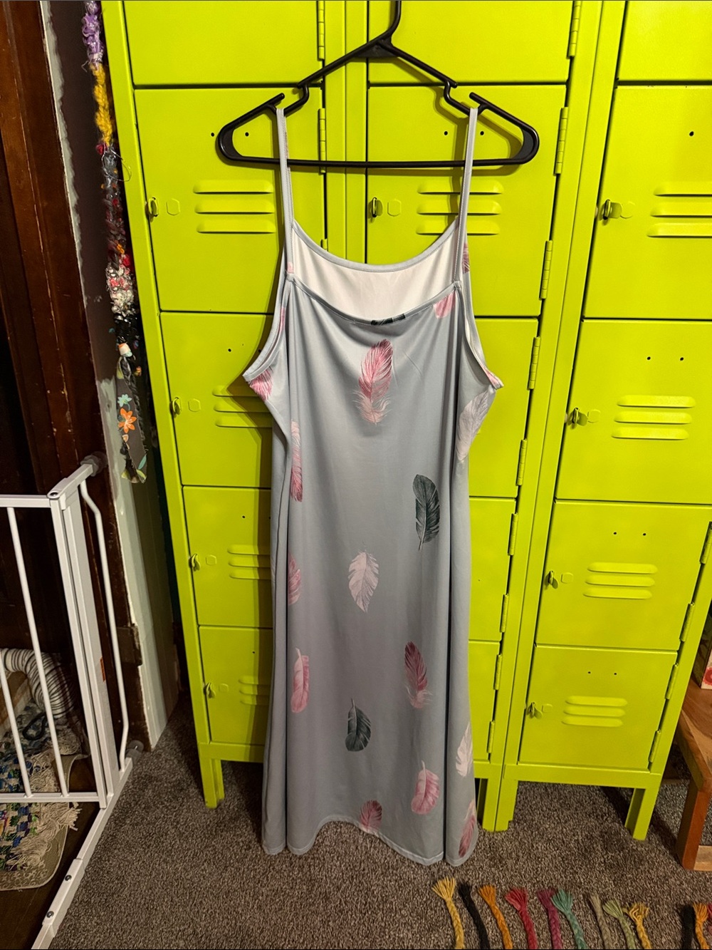 Light Gray Feather Slip Dress with Pink & Charcoal Feathers Maxi